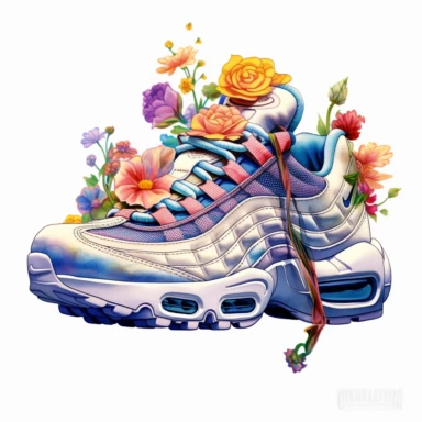 nike air max '95, with florals growing on and around the shoe, cartoon illustration, airbrush art style, realism, clipart, white background