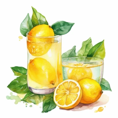 An endearing watercolor lemon fruit clipart of Lemon fruit juice with glass 300DPI