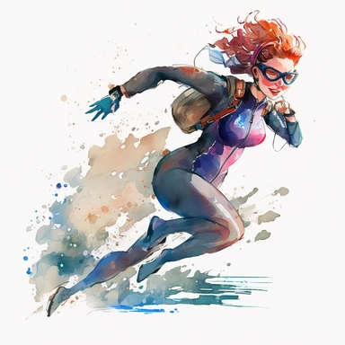 a watercolor painting of anime young girl Triathlon Athlete rushing out of the water, wearing a wetsuit, wearing googles, full body, smiling, Sport graphics, action clipart, 8k, watercolor, isolated on white background