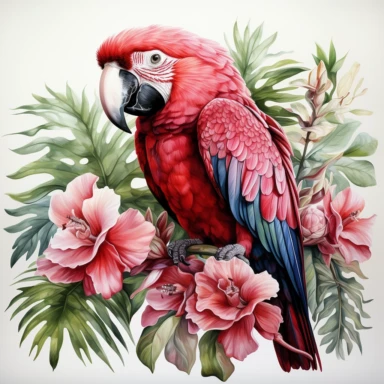 hyperrealistic ultra detailed watercolor clipart, pink parrot with jungle flowers, white background, in the style of digital print, clipart, illustration, sticker, ultra high definition, rich details, 32K, HD