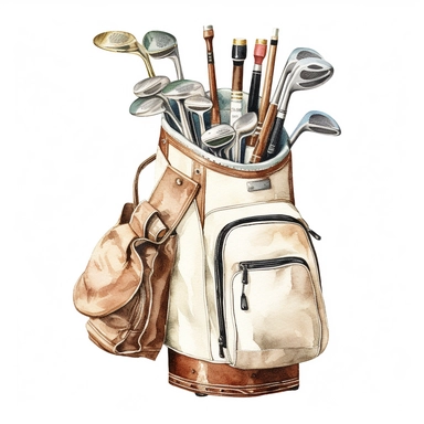 Idyllic watercolor clipart of a white golf bag and 8 clubs, isolated on a pure white background, insane detail,