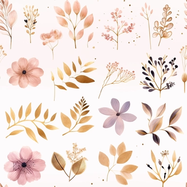 Draw a watercolor-style clip art images that feature objects related to an aesthetic adorned with floral designs. The images should have aesthetic, and should incorporate elements such as watercolor [gold] whimsical and cute illustration Watercolor Clipart, details with black ornaments on the body, in a Scandinavian folk art style with botanical and swirl motifs. light pink gold colors Traditional with a modern twist watercoloritem collection, isolated on a white background, gourmet, classy, sim