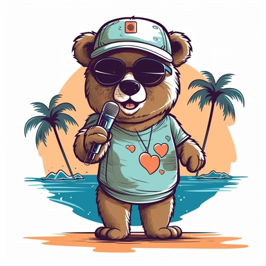 Design a hip hop teddy bear clipart performing on the beach. Show the bear wearing stylish sunglasses, holding a microphone, and surrounded by palm trees, vector, white background, easy to cut, 32k