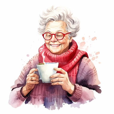 a heartwarming watercolor clipart image with a white background, featuring cute sweet extremely happy Granny enjoying a cup of hot cocoa while reading her favorite book.