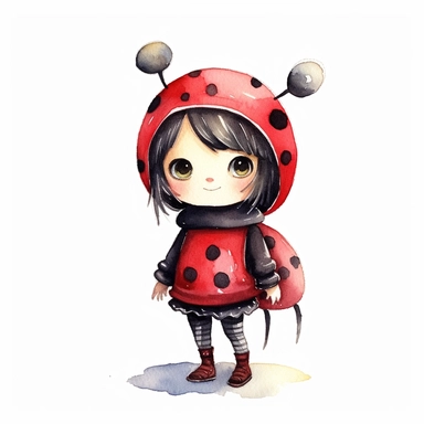 cute ladybug girl costume, watercolor, clipart, by Becky Down