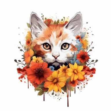Beautiful colorful kitten on flowers, summer vibes, hand drawing digital art, clean design, sublimation, colorful, watercolor style, white background, 4K, extremely detailed, clipart