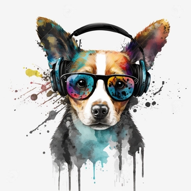 Cute dog black He puts headphones dancing watercolor clipart best puts on glasses