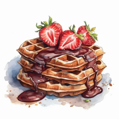 watercolor nutella and strawberries waffle clipart, hd, on white background, spaced out