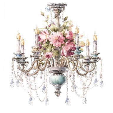 Make a clipart of a shabby chic, fairytale watercolor victorian chandelier, rococo, hd, white background
