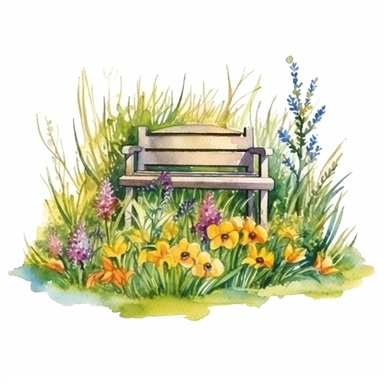 clipart, isolated on white background, Watercolor Spring beautiful ornated wooden bench, flowers and grass and plants, ornated, vivid and vibrant and saturated colors
