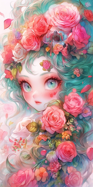Watercolor beautiful wild roses fantasy, Mermaid girl with beautiful face and big eyes with flowers, angel wing, chibi kawaii animated style, vivid vibrant colors, intricate detail, hyper detailed, hyper quality, 32K, unreal engine, isolated on white background, kawaii, clipart