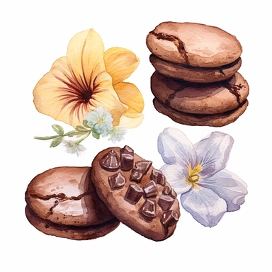 4 watercolor cliparts of neoclassical delicious chocolate cookies mixed with flowers , yaka art, Hyperrealistic still life, aurorapunk, 1990s, appropriation artist, hellenistic art