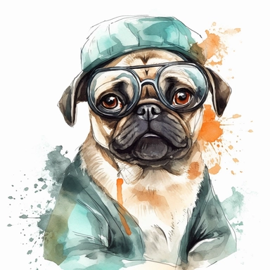 clip art of a pug with shades in a doctor outfit . watercolor style