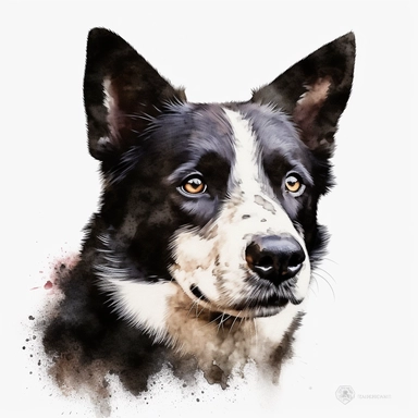 cute Karelian Bear Dog dog portrait, full face, centered shot, side shot, dynamically posed, in action, playful mood, happy mood, playing mood, cute face, adorable smile, childlike eyes, clean watercolor illustration, white background, nursery baby imagery, painting, detailed, 8k, PNG, clipart,