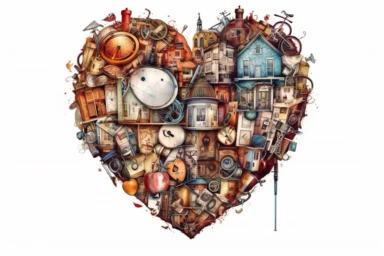 Watercolor, Create a heart shape using intertwined vintage objects or antiques clipart, hd, on a white background, spaced out