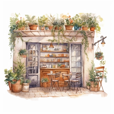 Dimetric illumination of a a cute watercolor small french cafe with tables and potted plants , french cafe, with plants plants, god rays, high quality, intricate design, clipart witchcore dreamcore cottagecore white background no text, isolated on white, ghibli style, award winning