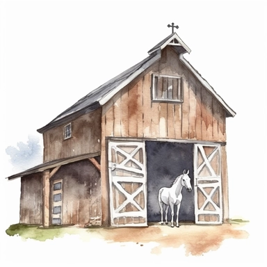 one watercolor clipart of horse barn on a white background, in the style of high quality photo, chalk, subtle details, rustic charm, die brücke, uhd image, arts & crafts, no watermark, text, 300 DPI , typography, shapes do not stick together, no text in the picture, on a white background