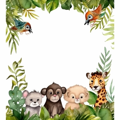create a digital clipart frame of jungle baby animals and forest, white background, 4k