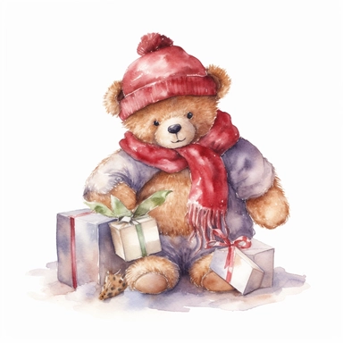 Watercolor, cute Christmas Teddy Bear, with a red hat, coat and sack of gifts, PNG, winter, nursery, cartoon, highly detailed, watercolor, very high details, white background, clipart style