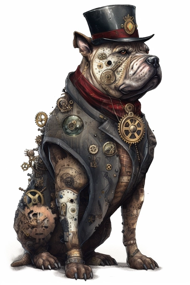 prototype steampunk american bully, full body, watercolor, gears, sprockets, guages, clocks, rivets, top hat, clipart, Crimson colors, realistic, ultra resolution, vivid details, 8k, watercolors minimal, white background
