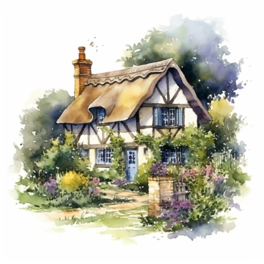 a quaint old english cottage garden, white background, clipart, watercolor style--q2--v5.1