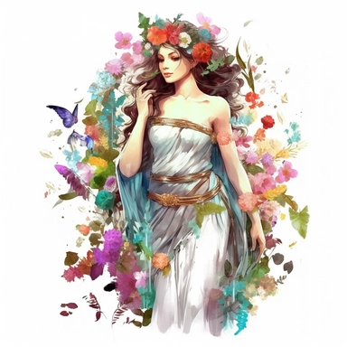 Fantasy Style Ancient Rome style Beautiful Flora Goddess wearing a dressing full of colorfull flowers at the field full of green plants and trees with watercolor effect,Many flowers,suitable for digital clipart,white background,Mythologic Scene,Ancient ro