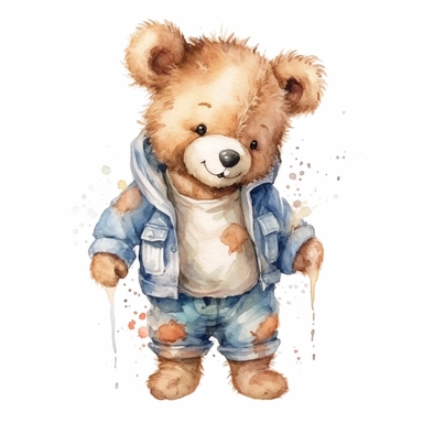 draw charming watercolor illustrations of a teddy bear wearing a shirt, the same character in different situations smiling n watercolor, single object, watercolor illustration, cartoon clipart, white background for removing background