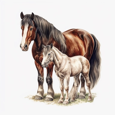 realistic irish cob horse with a foal, surrounded by white background, clipart wide shot, very detailed, watercolor illustration, white background, cinematic, ultra hd,