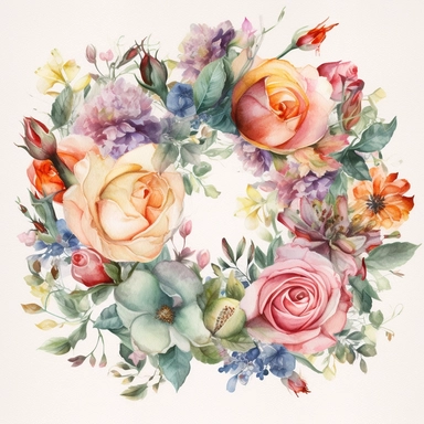 Watercolor Painting of beautiful multi - headed Rose Wreath FLOWERS on white background DETAILED ILUSTRATION, Flora Design Patterns, Flemish Baroque by Rachel Ruysch, Behance, Rococo, Intricate Detailed, Soft Light Effect, Oil Paint Strokes, Light Academia Aesthetic Flowers, Lighting cinematic, all shown shimmering stamens, tyndall light, texture, colorful, 8k, fantasy, ray tracing, vivid, spectacular lighting, octane rendering, highly detailed, ultra - realistic, white background, clipart