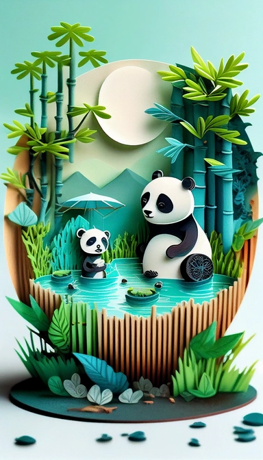 Multidimensional Paper - cut craft , paper illustration , tunne , multi dimensional paper quilling,Chinese landscape illustration,greenish-blue,coffee cup ,Cute baby panda saying hello, standing beside bamboos, watercolor style, cute style, clipart, no words, hd image.best quality, ultra-detail, 3d rendering , Octane render , elevationperspective ,diversity
