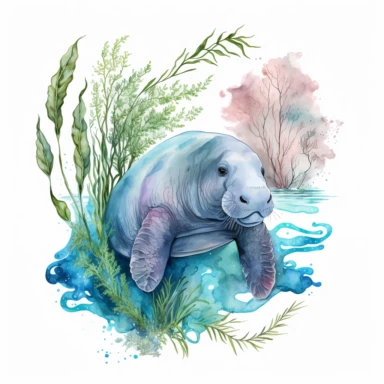 hand drawn Florida manatee, in crystal blue water, underwater with plants, very detailed and realistic, watercolor, white background with margins, clipart style
