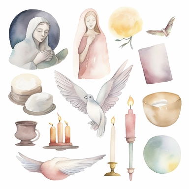 Watercolor clip art with Catholic religious undertones. Inspirational. Soft colors. Image only. No text. White background.
