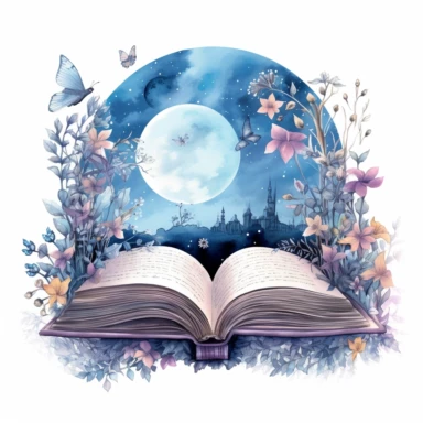 fantasy scene coming out of an open book, moon fairies stars, florals, magical, watercolors, Clipart, pastel blue color theme
