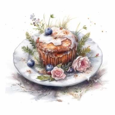 isolated on white illustration watercolor art of a beautiful Muffins on a porcelain plate, overgrown with white and light pink roses and flowers, covered with snow and ice, a lot of moss and branches, masterpiece by Tomasz Alen Kopera style and by Carl Holsoe style and by Hannah Dale style and by Alexander Jansson style, Baroque Architecture, PNG clipart, isolated on white, white background, extreme photorealistic details, 32k HD resolution, realistic high detailization high resolution