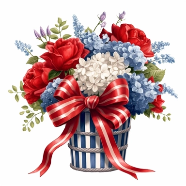 Red and blue and white flower basket clipart, red ribbons, high detailed, realistic detail, illustration style, high solution, on the white background