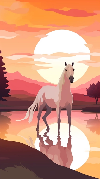 The clipart shows a horse in a delicate and romantic atmosphere. The horse is standing in a picturesque landscape illuminated by a warm, golden evening sun. The background is designed with soft hues like pastel pink, lavender or a soft sunset gradient. The horse itself has an elegant and graceful posture. It has its head slightly lowered as it gazes into the distance, as if filled with dreams and romance. The horse's eyes have a gentle and dreamy expression. The mane and tail are long and flowin