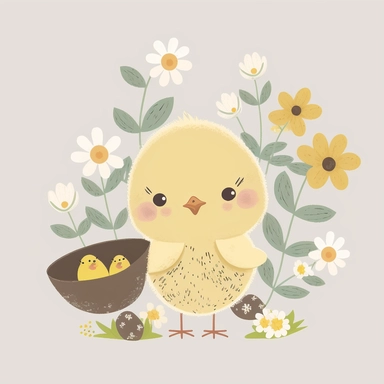 cute easter chick with easter eggs and spring flowers clipart minimalistic