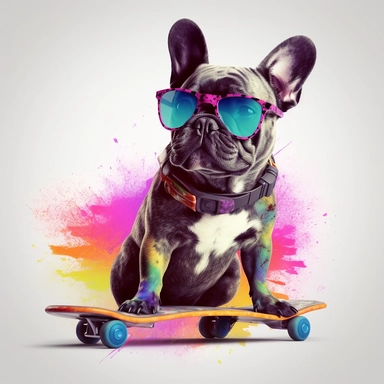 french bulldog, transparent backround,clipart,4k hd, skateboard,headphone,sunglasses, really really colorful