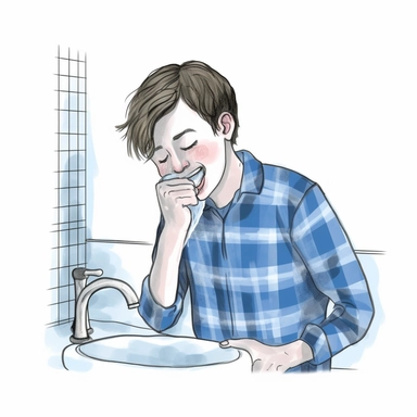 drawing of a happy male teenager in the bathroom, washing his face in the morning. He is wearing blue plaid pajamas. The style is simplistic and used for clipart and thumbnail. Plain white background.