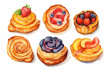 watercolor Danish pastry clipart, hd, white background, spaced out