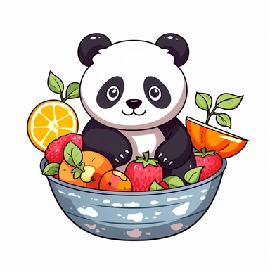 Clipart of a cute panda eating fruits kawaii style full multicolor white background