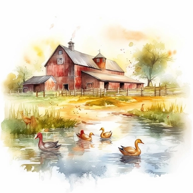 watercolor charming farm scene where a group of ducks frolics amidst a serene pond and picturesque surroundings. peaceful farmstead with a quaint red barn and verdant fields, warm rays of the sun, bright sunshine, hyper realistic, isolated white background, 8k, ultra detailed clipart