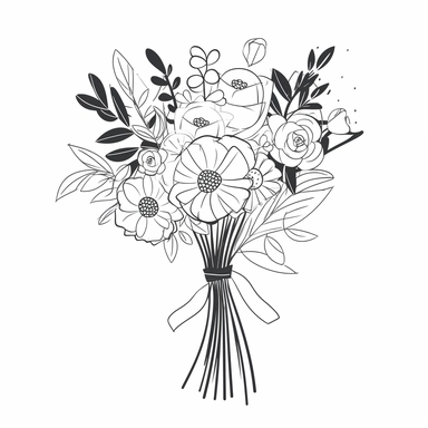 vector illustration, hand drawn, simple floral bouquet, silhouette, outline svg, clipart, basic wedding bouquet, all white background