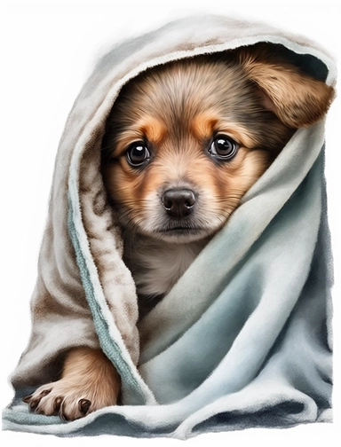 baby dog in a blanket, watercolor clipart, transparent background,