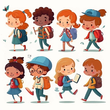 adorable children are going to the school, clipart set, children's magazine illustration