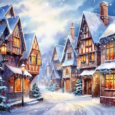 Christmas village, Clip art, magical, enchanting, wreaths, snow-covered streets, Watercolor, colorful buildings, sparkling, charming, detailed, glittery, shiny, twinkling lights, festive, ornate, traditional, whimsical, Michael Powell Style, Unreal Engine