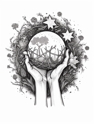 Coloring pages, linework, clip art, white background. In a circle, a Seedling growing, stars, planet earth, flowers, all being held within a pair of hands, five fingers per hand .