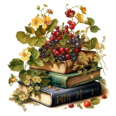 Clipart, vintage books, floral, berries, hyper detailed, hyper realistic, marsh green/dark yellow, victorian era, watercolor, fantasy, amazing colour compilation, countrycore, romantic colors, white background,