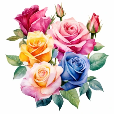 Imagine a stunning watercolor clipart featuring an exquisite arrangement of roses. The artwork is created in a vector format, allowing for sharp and precise lines. The roses are the focal point of the composition, radiating with vivid colors that are sure to captivate your imagination. Against a clean white background, the vibrant hues of the roses pop, creating a visually striking contrast. The petals of the roses are delicately rendered, showcasing their softness and beauty. Shades of red, pin