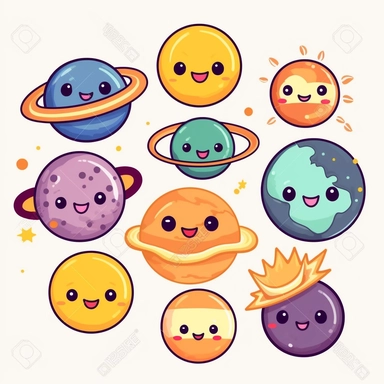 Solar system clipart perfect clean lines, detail face planets vector graphics, Space clipart, high quality kawaii png clip art on a white background